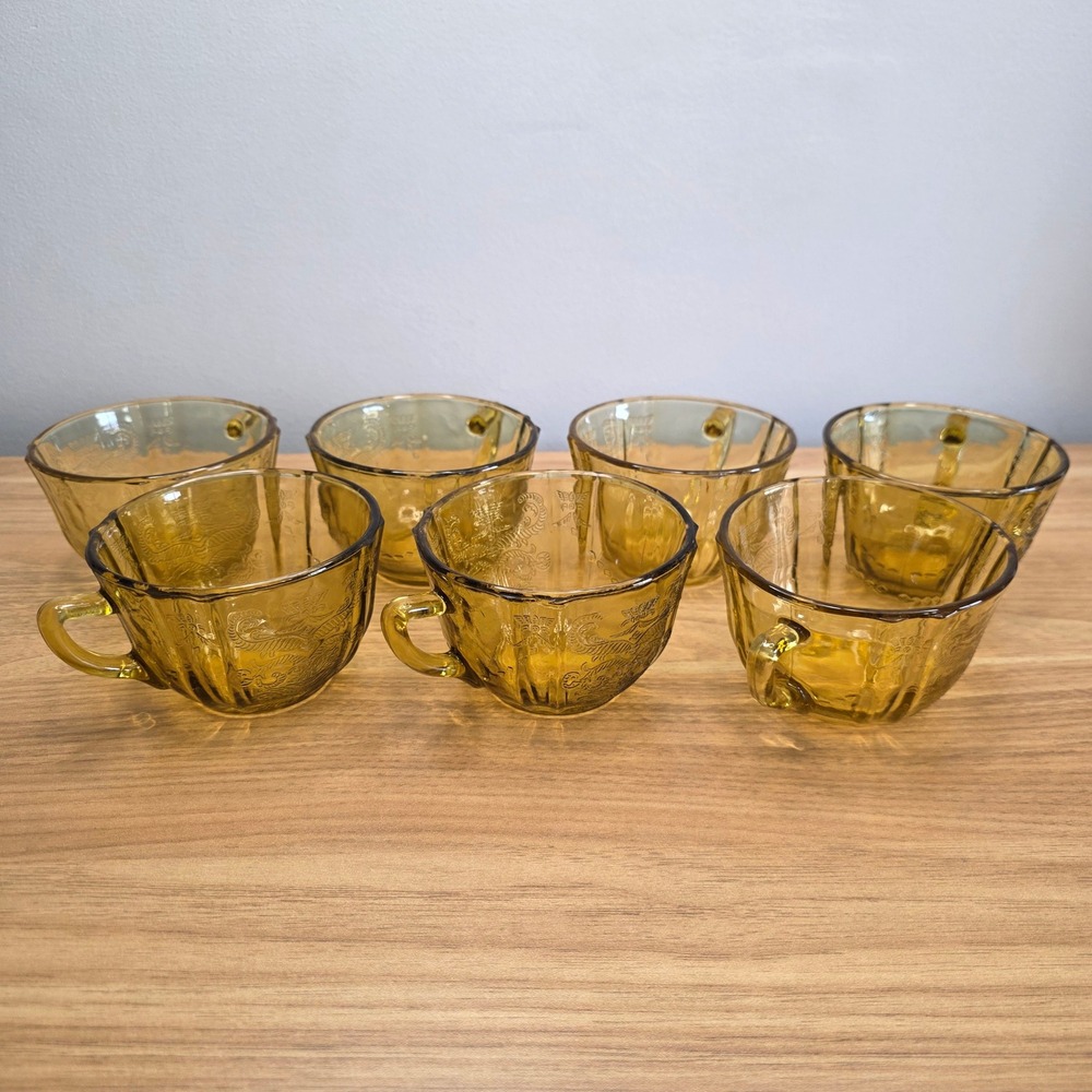 Vintage 1930s Federal Depression Glass Madrid Amber Teacup Set‎ of 7